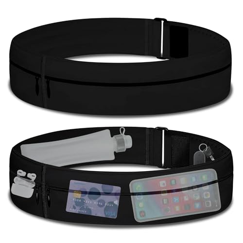 No-Bounce Running Belt - Waterproof & Sweat-Resistant Waist Pack for Phones (Fits 31-43) | Secure Storage for Keys/Cards | Lightweight Design for Marathons Cycling & Outdoor Workouts | Black