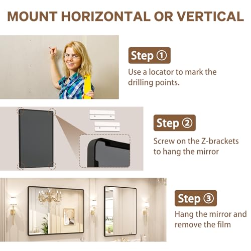 New Upgrade Bathroom Mirror, 24X36 Inch Black Metal Frame Wall Mounted Rounded Rectangle Bathroom Vanity Mirror with Tempered Glass for Washroom Bedroom Living Room