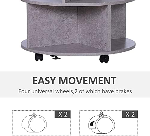 HOMCOM 2 Tier Round Side End Table Coffee Desk with Divided Shelves Tea Table Storage Unit Living Room Organiser with Wheels - Cement colour