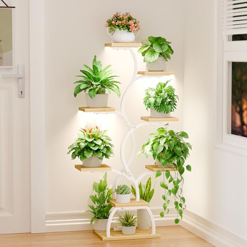 BACEKOLL Pflanzenständer mit Wachstumslicht - 8 Ebenen Blumenständer 124cm Metall Holz Pflanzenregal - Innen & Außen Blumentreppe - Dekoratives Schwarz Blumenregal für Indoor Garten Balkon Weiß