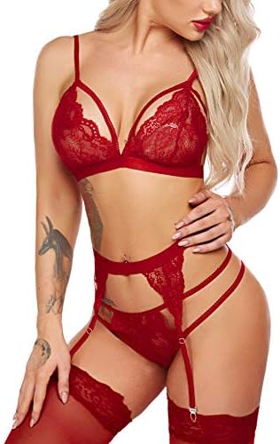 Women Lingerie Set Lace Teddy Strap Babydoll Bodysuit with Garter Belts
