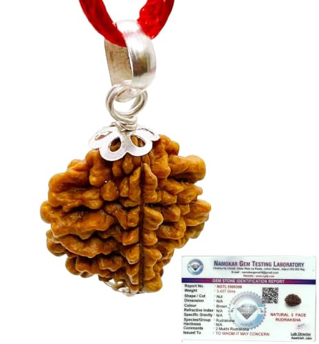 Image of Siddha 2 /Two Mukhi Rudraksha, Laboratory Certified, Capped with Silver Between Indian Beads with Handmade Tassel, Size 22mm-28mm, Color-Brown (2 Mukhi Silver Rudraksha)