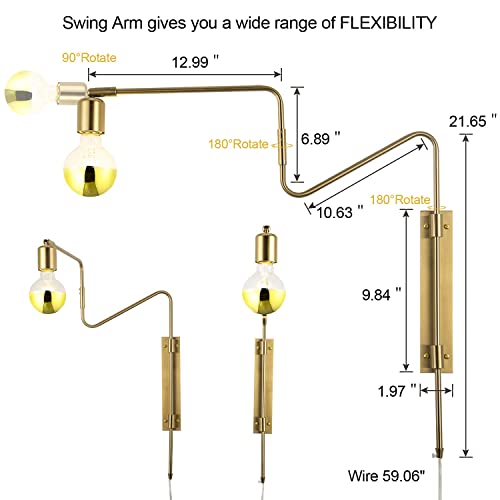 Brass Plug In Wall Sconce Set Of 2, Modern Swing Arms Plug-In Bedroom Living Room Wall Lamp Industrial Adjustable Wall Sconces Lighting #TOP4
