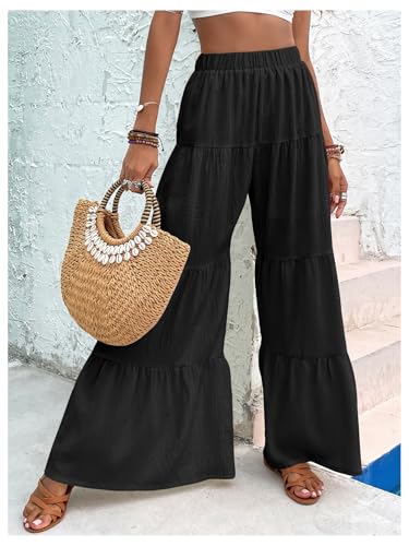 Floerns Women's Elastic High Waist Ruffle Wide Leg Pants Loose Beach Palazzo Pants3