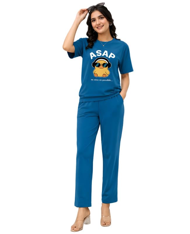 Women's Pure Cotton Top and Pyjama Co-Ord Set | ASAP Graphic Printed Night Suit | Regular Fit Half Sleeve Round Neck T-Shirt & Pajama Sleepwear Loungewear Set (Turquoies, L)-image-39