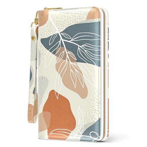 Image of Nipichsha Womens Wallet, RFID Wristlet Wallet for Women, Cute Ladies Purse, Large Credit Card Clutch Wallets, Leather Card Holder Wallets with Zipper & Phone Holder, Abstract Boho Leaf