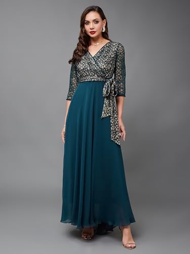 Image of Miss Chase Women's Floral Printed Relaxed Fit V-Neck 3 /4th Sleeve Maxi Dress