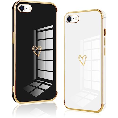 Vauki [2 Packs Coque pour iPhone 8/iPhone SE 2020/iPhone 7/SE 2022, Silicone Antichoc Housse, Étui avec Motif Coeur et Bordure Dorée pour iPhone 8, Noir et Blanc