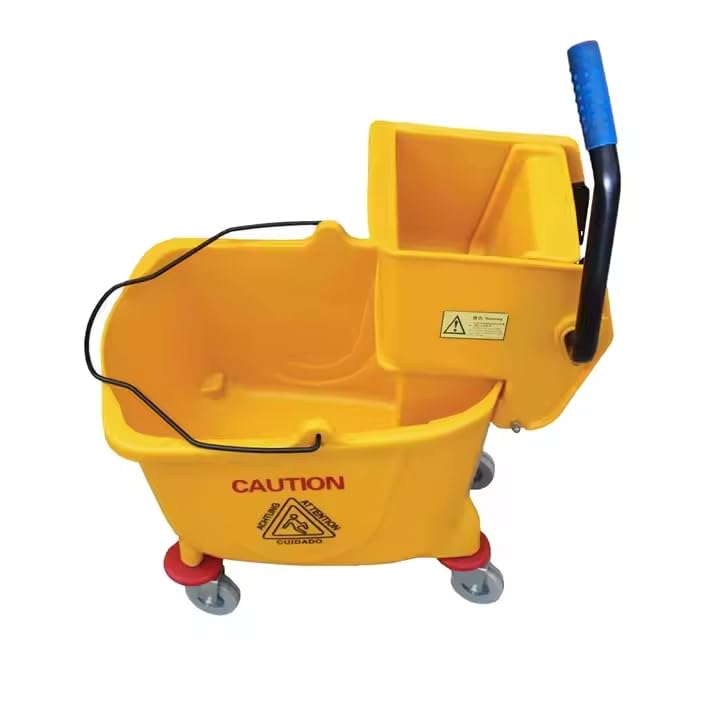 Cubo Limpieza Industrial 32 L, con ESCURRIDOR 4 Ruedas, Robusto, Carro de Limpieza con Prensa - Cubo de 32 L Prensa con Mango Engomado, Industrial, hosteleria, Grandes Superficies. Escurridor Prensa