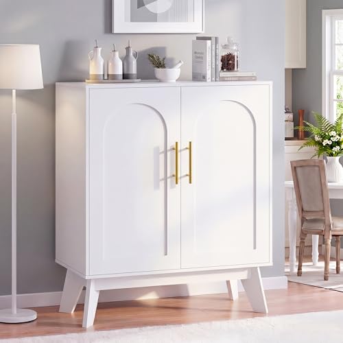 MIKORYS2X Modern Buffet Cabinet with Storage, Sideboard Storage Cabinet with Arched Doors, Solid Wood Legs & Adjustable Shelf, Coffee Bar Cabinet for Kitchen, Living Room, White