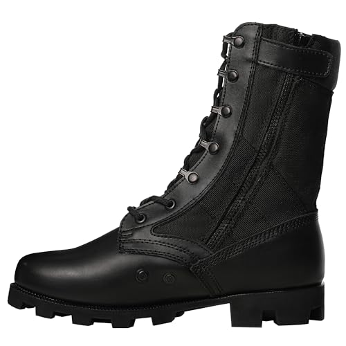 WIDEWAY Men's Military Jungle Combat Boots Side Zipper Black Boots For Men Puncture Slip Resistant Leather Tactical Work Boots Comfortable and Breathable Botas militares para hombres（6-8inch）