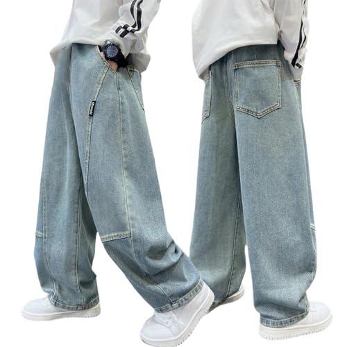 Boys Baggy Jeans - Comfortable Streetwear Elastic Waist Pants with Pockets, Straight Leg Jeans for Tween