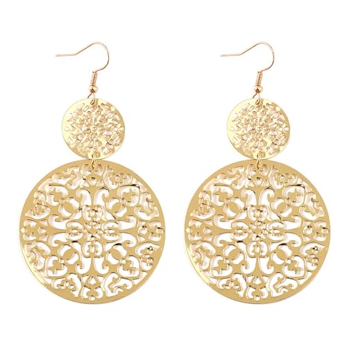 coadipress Boho Filigree Hollow Out Geometric Dangle Drop Earrings for Women Retro Double Round Disc Statement Metallic Cutout Metal Flower Large Earrings Ethnic Style Jewelry Gifts - Main Image