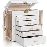 AKOZLIN Large 6-Tier Jewelry Box Lockable Leather Jewelry Storage Case with 5 Drawers for Women Girls Ring Necklace Earring Bracelet Holder Organizer with Mirror