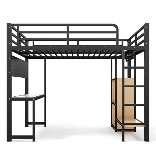 Image of Bellemave Full Size Loft Bed with Desk,with USB Ports, Lights, and Hanging Rod, Cave Board Design, Metal Full Loft Bed Frame for Adults, Kids, Teens, Black