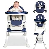 Trona plegable 4en1, Reclinable y regulable en altura, con bandeja extraíble y ruedas, Trona ajustable con cinturón de 5 puntos, Azul