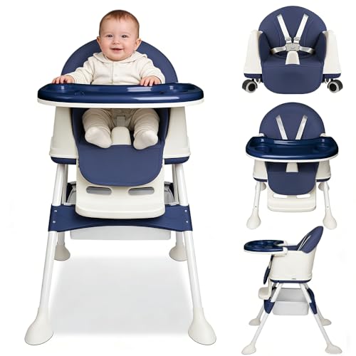 Baby Hochstuhl 4in1, Kinderhochstuhl Multifunktionaler Verstellbar, Babystuhl hochstühle mit Tablett Abnehmbares und Rollen, kinderstuhl Mitwachsender mit 5-Punkt-Gurt, Kinder Essstuhl Stuhl, Blau