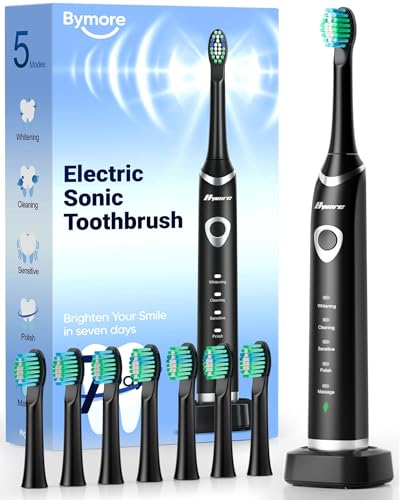 Bymore Electric Toothbrush for Adults, Sonic Rechargeable Toothbrush, Black | Five cleaning modes, 2-minute timer and IPX7 waterproof design; 8 heads provide up to 18 months of gentle daily care