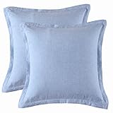 meadow park Stone Washed French Linen European Pillow Shams, Set of 2 Pieces, 26 inches x 26 inches Square Euro Sham, Super Soft, Ruffles Style, Chambray Blue