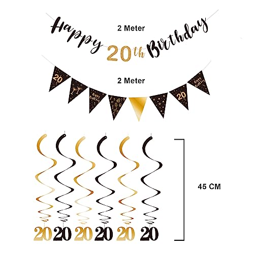 BRT Bearingshui 20th Birthday Decoration Kit for Men Women, Happy 20th Birthday Banner Bunting Swirls Streamers, Triangle Flag Banner for Birthday Party Decorations Supplies Black and Gold 20th by BRT Bearingshui - Image 3