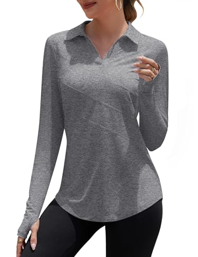 Loovoo Polo Shirts for Women Long Sleeve Golf Gym Athletic Tops V Neck Workout Blouses with Thumb Hole(Light Gray,XL)