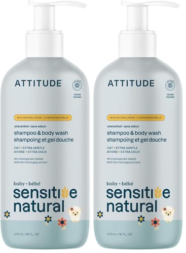 Image of ATTITUDE 2-in-1 Shampoo and Body Wash for Baby,EWG Verified,Plant- and Mineral-Based Ingredients,Vegan-and Cruelty-Free Products for Sensitive Skin,Unscented,16 Fl Oz,(Pack of 2)