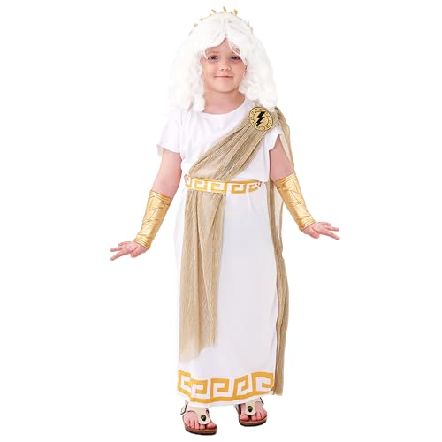 Kosgraiy Kid Zeus Costume,Greek God Costume Kid,Ancient Greek Zeus Outfit with Headband,Belt,Wrist Cover,Halloween Roman Boy Costume,M/130