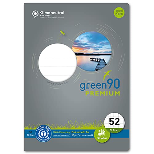 Staufen - Staufen Green Oktavheft - DIN A6, Lineatur 52 (5mm kariert), 32 Blatt, 90g/m² Recyclingpapier, runde Ecken verhindern „Eselsohren“, 1 Stück