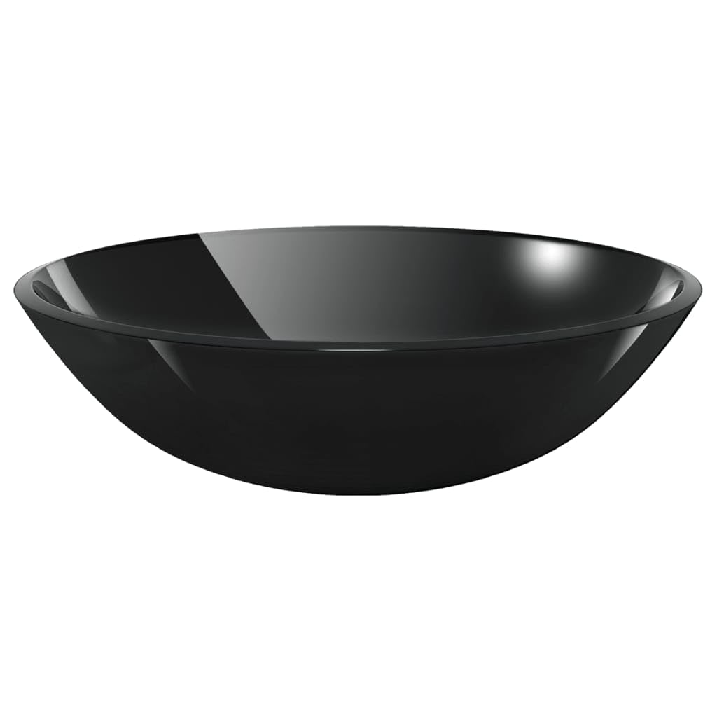 Rundes Waschbecken Aufsatzwaschbecken für Waschtisch mit Wasserhahn und Pop up Ablaufgarnitur Schwarz Chrom, gehärtetes Glas 42 cm, Einlocharmatur, Handwaschbecken für Bad