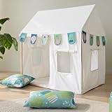 howa Kinderzelt Indoor Spielzelt Kinder Spielhaus mit Girlande, 2 Kissenbezügen, mit Rutschfester Bodenmatte, 3 Fenstern, Creme-Weiß, aus Baumwolle, Maße 80x110x125 cm 85153