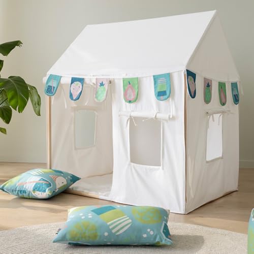 howa Kinderzelt Indoor Spielzelt Kinder Spielhaus mit Girlande, 2 Kissenbezügen, mit Rutschfester Bodenmatte, 3 Fenstern, Creme-Weiß, aus Baumwolle, Maße 80x110x125 cm 85153