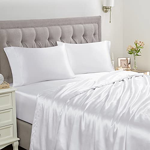Image of Sweet Home Collection Satin 4-Piece Sheet Set - Silky Soft & Royal Luxury Fashion Sheet Set - Bed Sheets for Delicate Hair and Skin - Queen, White