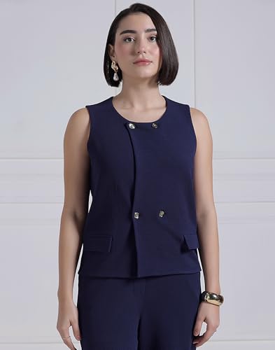Image of Selvia Navy Blue Lycra Co-ord Set for Women, Button Detail Waist Top and Trouser Pant