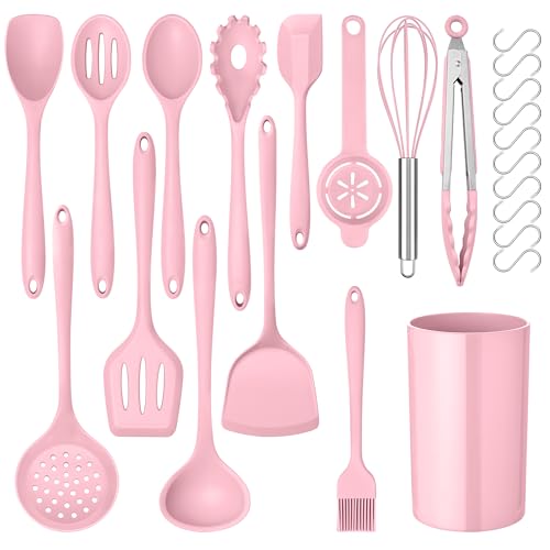 Onader Silicone Kitchen Utensils Set, 24 Pcs Cooking Utensils with 10 Hooks, Heat Proof Kitchen Tools Include Spatula Spoon Turner Tong for Non-Stick Cookware, Pink