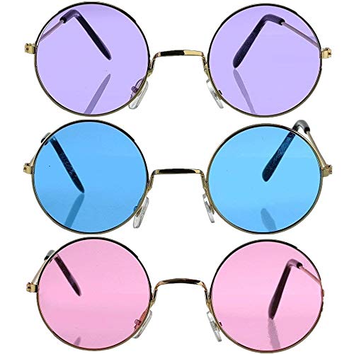 Set of 3 Round Hippie Sunglasses, John Lennon Style Colored Glasses Costume Accessories Orange