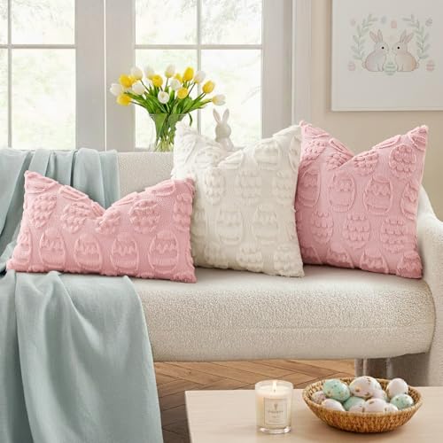 Image of decorUhome Easter Pink Egg Pillow Covers 12x20 Inch Set of 2, Soft Plush Faux Wool Jacquard Cushion Covers, Farmhouse Neutral Fuzzy Spring Easter Holiday Decor for Couch Sofa Bed