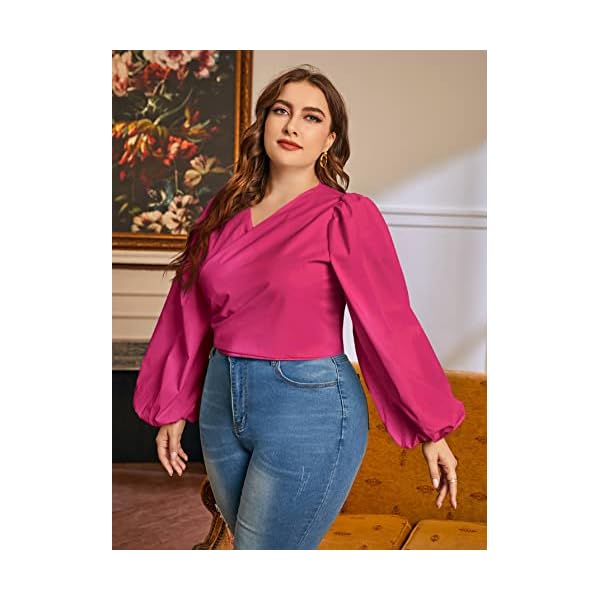 MakeMeChic-Womens-Plus-Size-Lantern-Sleeve-Deep-V-Neck-Tie-Front-Blouse-Crop-Top MakeMeChic Women's Plus Size Lantern Sleeve Deep V Neck Tie Front Blouse Crop Top Hot Pink 3XL