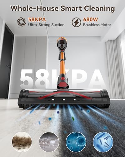 Image of TechRise Cordless Vacuum Cleaner, 58KPA 680W 70Mins Stick Vacuum with LED Touchscreen, 3+1Smart Modes, Anti-Tangle & 8-in-1 Filter, Self-Standing Cordless Vacuum for Home /Pet Hair /Carpet /Floor