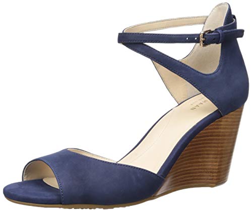 Cole Haan Women's Sadie Grand Open Toe Wedge Sandal 75MM Pump, MARINE BLUE NUBUCK/NATURAL SEMI-SHINE STACK, 8