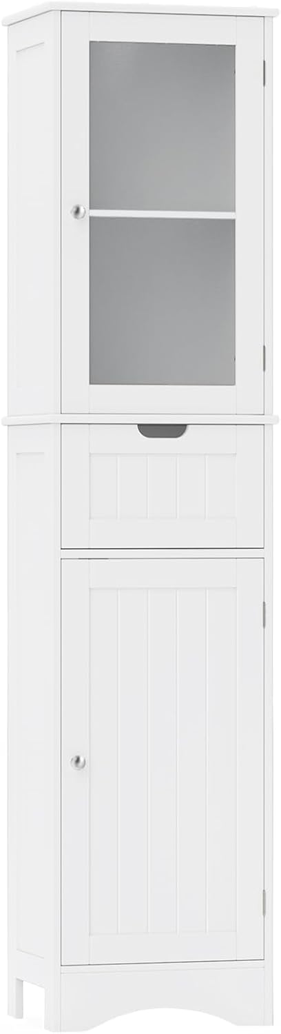Giantex Freestanding Bathroom Storage Cabinet - 67” Tall Slim Pantry Cabinet with 2 Adjustable Shelves, 2 Doors, 1 Drawer, Anti-Slip Foot Pads, Narrow Floor Cabinet for Bathroom, Living Room (White)