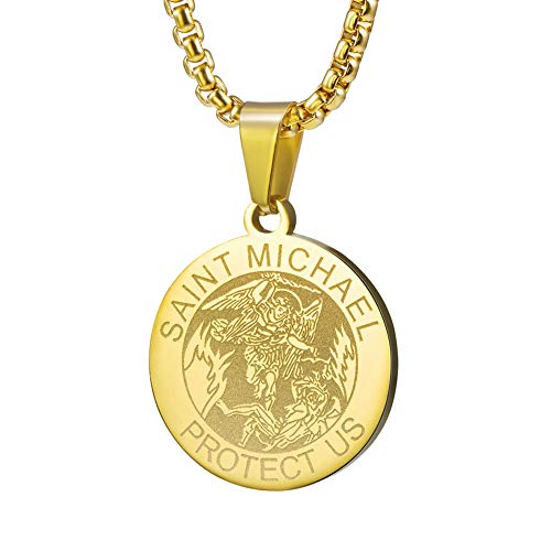 Wolentty Saint Michael Necklace - 1 Inch Stainless Steel Round St. Michael Religious