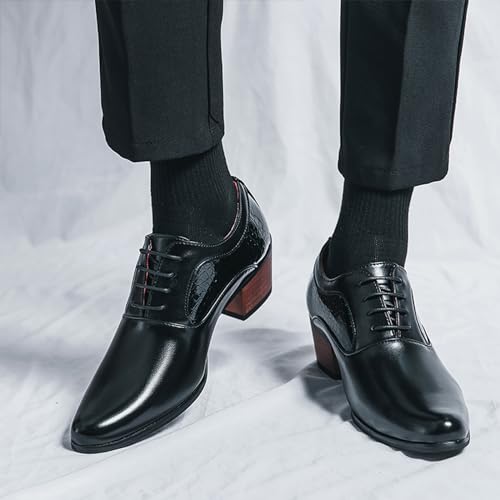 Oxfords Shoes for Men Pointed Toe Shoes Lace-up Low Top Block High Heel Leather Dress Shoes for Wedding Work3