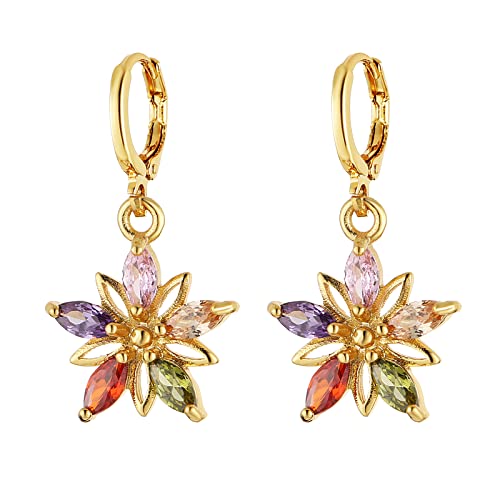 HZMAN 14K Gold Plated Sterling Silver Crystal Flower Earrings for Women Cubic Zirconia Drop Dangle Earring Fashion Earring Jewelry Gift (Colorful Flower)