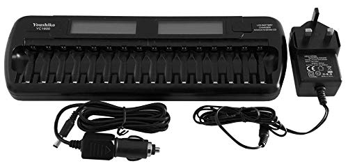 Youshiko YC1600 Intelligent Battery Charger (Official 2025 UK Version) for 16 x AA/AAA batteries (Including Car 12V Adapter) with Discharging & Protection