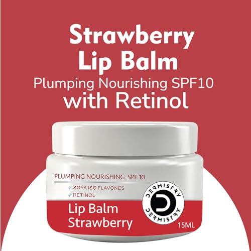 Image of Dermistry Plumping SPF10 Glossy Strawberry Lip Balm for Dry Dark Pigmented Chapped Lips with Shea Butter, Retinol, Coconut Oil Provides Sun Protection, Dark Black Pigmentation Remover Men Women 15ml