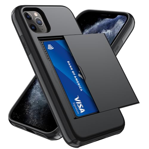 Qinmay Compatible with iPhone 11 Pro Max Case with Card Holder Dual Layer Shockproof Heavy Duty Protective Hidden Slot Slim Wallet Phone CoverBlack