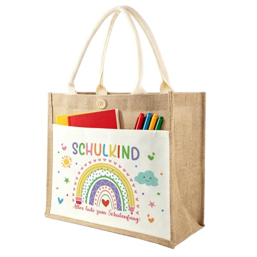 Schulanfang Geschenk Jutetasche mit Schulkind Alles Gute zum Schulanfang - Schulkind Schultüte Jute Handtasche Einschulung Jute Tote Bag 26x22x14 cm Einschulungsgeschenk für Mädchen und Jungen
