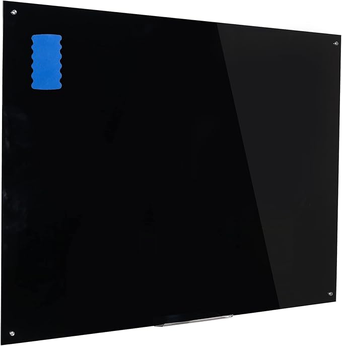 Black Frameless Glass Dry Erase Board - 60x40 Inch Tempered Glass Whiteboard With Marker Tray