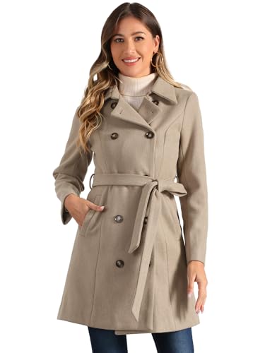 Allegra K Damen Wintermantel Langarm Zweireihig Schräge Tasche Knopfleiste Gürtel Mantel Hell Braun M