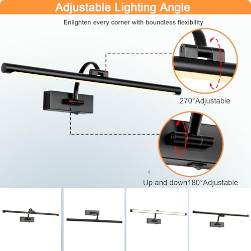 Image of Tassuowell Picture Light Battery Operated with Remote, 3CCT Dimmable Picture Light for Paintings, Black Rechargeable 24 inch Battery Operated Wall Sconce for Art Lighting Gallery Portrait Artwork